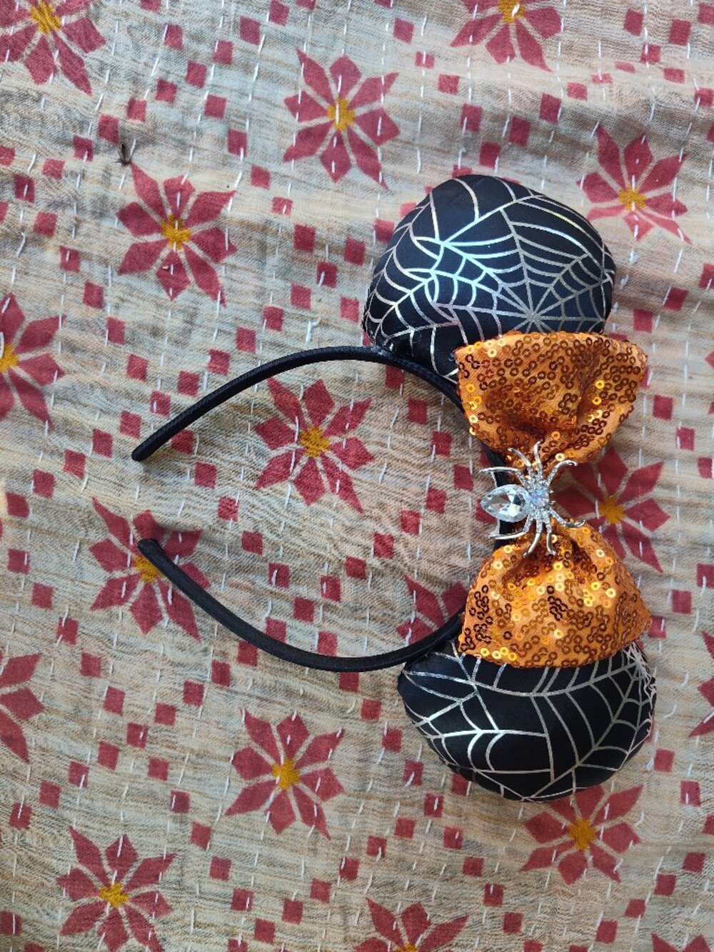 Disney Halloween Spiderweb Mickey Ears Headband Orange Bow - Picture 2 of 3
